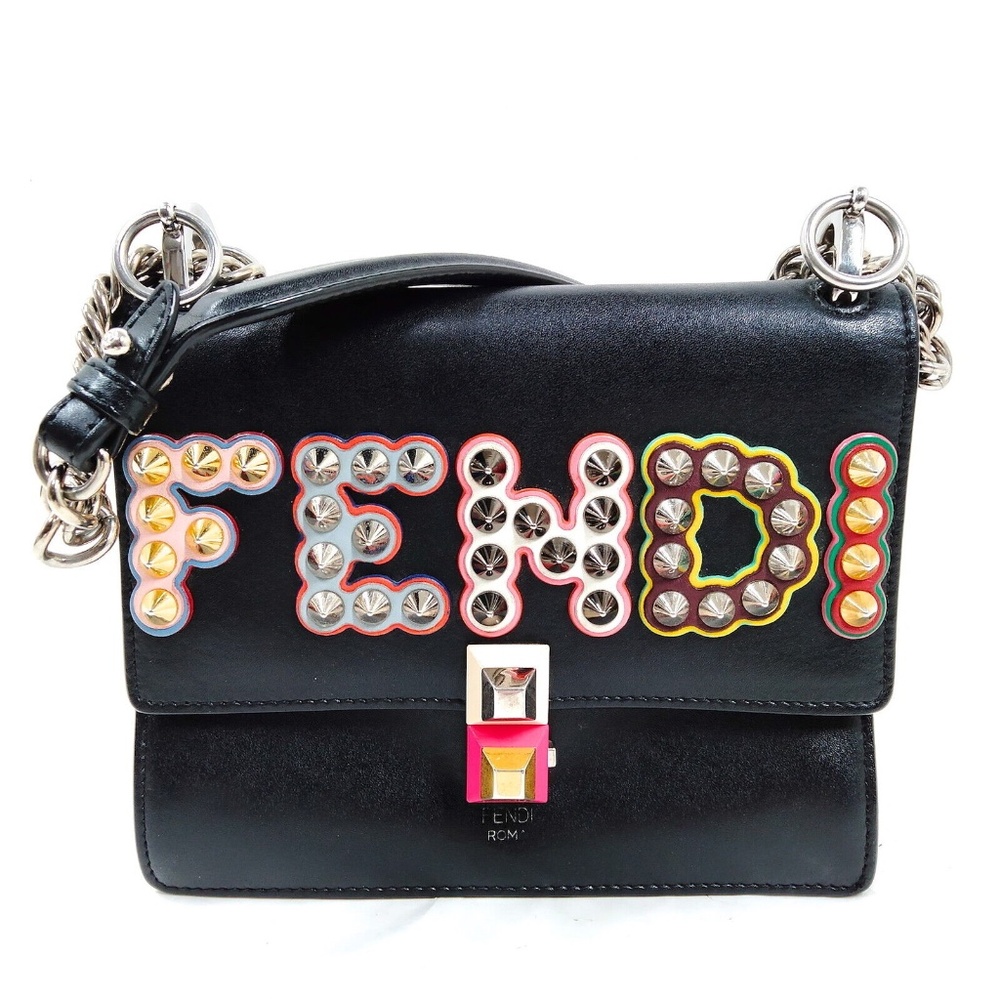 Fendi Black Leather Shoulder Bag with Multicolor Studded Logo